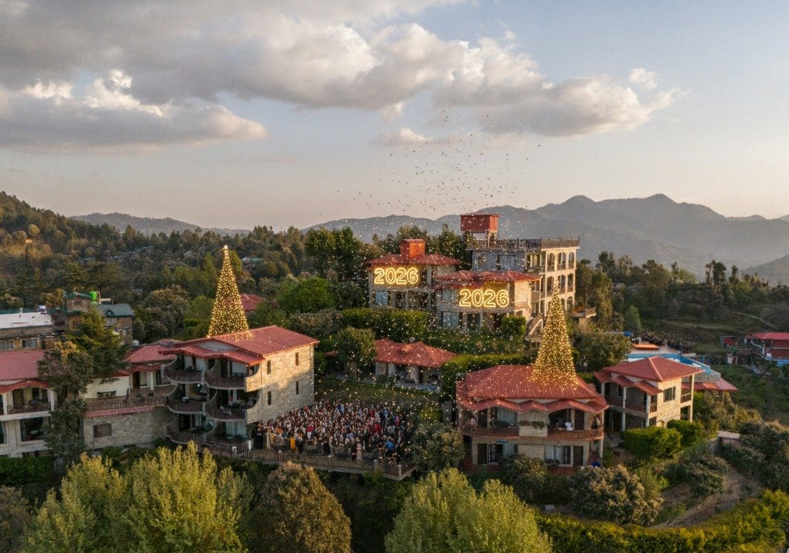 New Year 2026 celebration at Ojaswi Himalayan Resort Mukteshwar with festive lights and mountain views